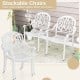 White stackable patio dining chairs made of cast aluminum, designed for comfort and outdoor use in gardens or porches.