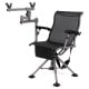 Black portable hunting chair with adjustable armrests and ergonomic backrest, designed for comfort and stability.