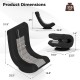 360° swivel gaming chair with adjustable backrest, black and gray upholstery, showcasing product dimensions for.