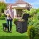 80-gallon outdoor composter with large open lid and bottom exit door, ideal for effortless garden waste disposal.