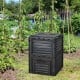 80-gallon black outdoor composter with open lid and bottom exit door, ideal for garden clipping disposal and fertilizer.