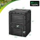 80-gallon outdoor composter in black with large openable lid and bottom exit door for easy access to compost.