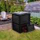 80-gallon outdoor composter in black with large openable lid and bottom exit door for easy compost access.
