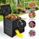 80-gallon outdoor composter with open lid and bottom exit door for easy access to compost and garden clippings.