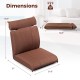 Brown folding floor chair with adjustable backrest and headrest, ideal for lounging, gaming, or reading. Dimensions.
