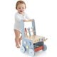 Toddler wooden push walker with activity center, featuring tools, shape sorters, and a stable base for safe walking.