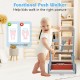 Toddler wooden push walker with activity center, featuring mini tools and a stable 4-point base for safe walking.