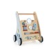Wooden baby push and pull walker with multi-activity center, featuring toys and rubber-covered wheels for quiet.