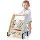 Wooden baby push and pull walker with multi-activity center, featuring rubber wheels for quiet movement and stability.