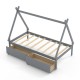 Twin size gray wooden tent platform house bed with two storage drawers and slatted design for mattress support.