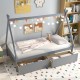 Gray twin size wooden tent platform house bed with two storage drawers, perfect for kids' rooms and playful decor.
