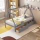 Twin size gray wooden tent platform house bed with two storage drawers, ideal for children's rooms and playful decor.