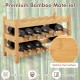 3-tier bamboo wine bottle organizer with wave slots, holds 18 bottles, ideal for kitchen or bar use.
