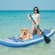 Inflatable stand up paddle board with a golden retriever, featuring a stylish coco motif and adjustable aluminum paddle.