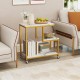 G-shaped 3-tier mobile end table with open shelves, white surface, and gold metal frame for versatile living room use.