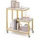 G-shaped 3-tier mobile end table with white surface, gold metal frame, and wheels for versatile storage and decor.