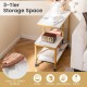 G-shaped 3-tier mobile end table in white with open shelves, ideal for books, snacks, and plants in living spaces.