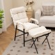 Beige linen fabric accent chair with adjustable backrest and foldable ottoman, perfect for living room relaxation.