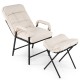 Side view of beige linen fabric accent chair with ottoman, showcasing adjustable backrest and sturdy metal legs for.