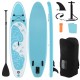 Inflatable stand up paddle board with blue design, paddle, fins, pump, and accessories for easy transport and storage.