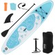 Inflatable stand up paddle board with blue design, paddle, pump, and accessories for easy transport and stable paddling.