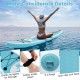 Inflatable stand up paddle board with non-slip EVA deck, safety ankle leash, and elastic bungees for storage.