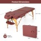 Foldable 84-inch massage table in red with adjustable height, carrying bag, and sturdy wood legs for easy transport.
