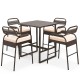 5-piece brown rattan counter set with 4 stools and polywood bar table, featuring breathable material and thick armrests.