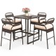 5-piece brown rattan counter set featuring a polywood bar table and 4 stools with breathable mesh backrests for comfort.
