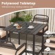 Brown polywood bar table from a 5-piece rattan counter set, featuring a weatherproof surface and sturdy metal frame.