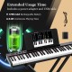 61-key portable electronic keyboard with 1750 mAh battery, power adapter, and USB cable for extended 6-8 hour playtime.