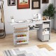 Multifunctional folding sewing machine craft station in white with ample workspace, storage shelves, and yarn holders.