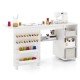 Multifunctional folding sewing machine craft station in white with ample workspace, storage shelves, and thread racks.