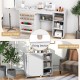 Multifunctional folding sewing table in white with ample workspace, storage shelves, and 6 universal casters for easy.