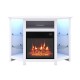 Fireplace corner TV stand in white with LED lights, adjustable shelves, and remote control for up to 50-inch TVs.