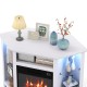 Corner TV stand with electric fireplace, LED lights, and decorative items, designed for 50-inch TVs in white finish.