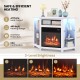 Fireplace corner TV stand in white with LED lights, adjustable shelves, and 4777 BTU heating for 400 sq ft coverage.