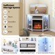 White fireplace corner TV stand featuring a spacious countertop, adjustable glass shelves, and smart LED lights for TVs.