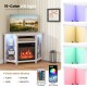 Fireplace corner TV stand in white showcasing LED lights, remote control, and four lighting modes for ambiance.