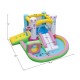 Inflatable bounce house with slide, ball pit, and basketball hoop, made of waterproof 420D Oxford cloth for outdoor fun.