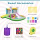 Inflatable bounce house with slide, 480W blower, and accessories for outdoor fun and entertainment for kids.