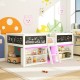 Low loft bed with LED lights, chalkboards, and bookcases in white, perfect for kids' rooms and organizing toys and.