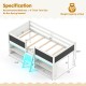 Low loft bed with LED lights, white finish, includes bookcases and storage shelves for kids' organization and play.