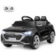 Side view of the 12V kids ride-on car Audi SQ8 in black, showcasing openable doors and a spacious seat with safety belt.