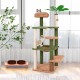 Multilevel cat tree with scratching posts, plush perch, and faux plant, perfect for active play and cozy napping.