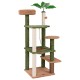 Multilevel cat tree in green with scratching posts, cozy perch, and faux plant for active feline play and relaxation.