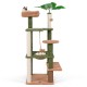 Multilevel cat tree with green plush covering, cozy beds, scratching posts, and hanging toys for active play and.