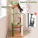 Multilevel cat tree in green with scratching posts, cozy perch, and anti-tipping device for secure play.