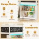 Low loft bed with LED lights, featuring 2 storage shelves and 4 chalkboards for kids' organization and creativity.
