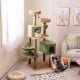 Multi-level cactus cat tree in green with perches, condos, and scratching posts for playful feline relaxation.